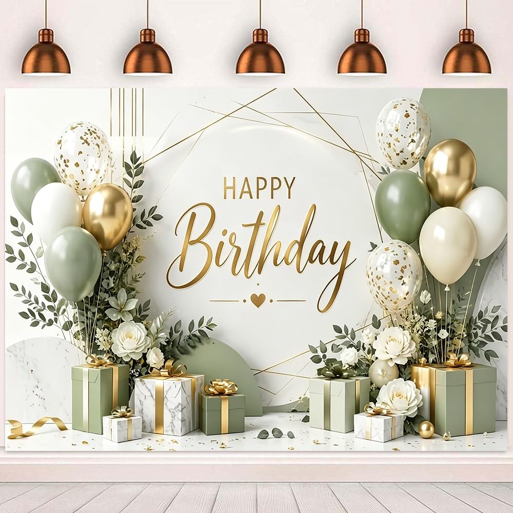 Toile de fond pour anniversaire Motif floral marbré Vert sauge