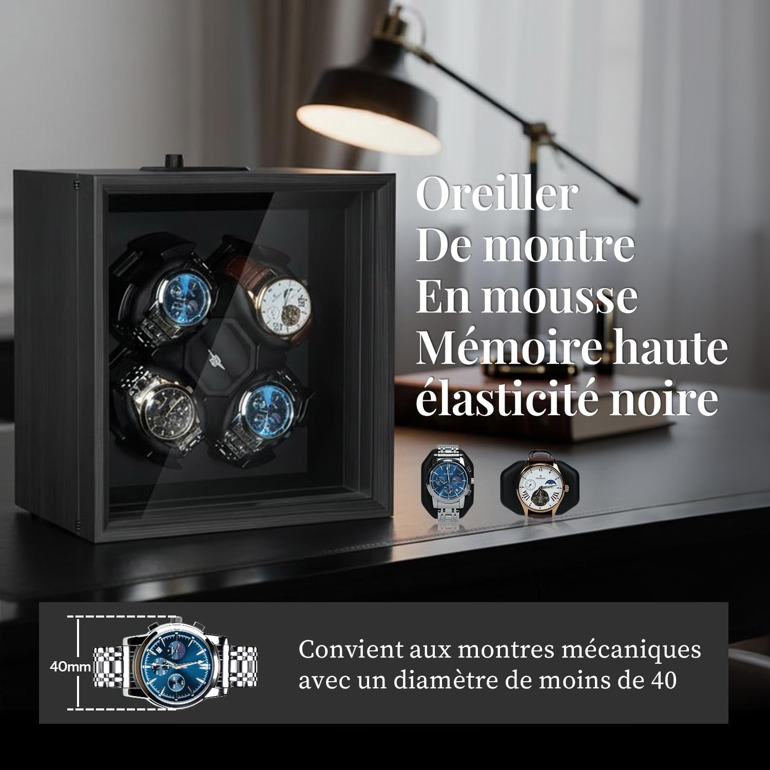 Mcbazel Enrollador Automático de Relojes para 4 Relojes, Función Automática Silenciosa, Motor Silencioso, Solución Profesional para el Cuidado de Relojes – Diseño en ébano Negro