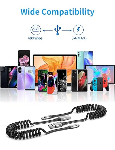 Miniatura 7 de Cable USB C en espiral para automóvil, paquete de 2 unidades, 3A USB tipo C, cable de carga rápida, cable de carga retráctil USB A a USB C para