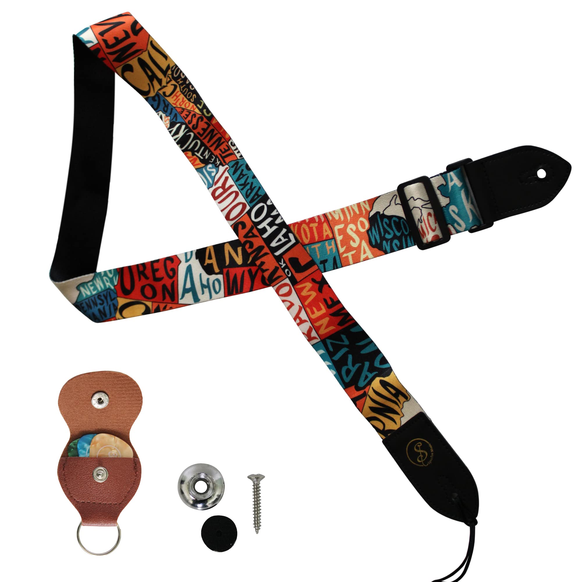 Speedee MusicEmbroidered Ukulele Strap Kit - 1 US Map Camo Design Ukulele Strap, 3 Guitar Picks, 1 Strap Button, 1 Pick Holder Orange Black Red Blue Yellow White