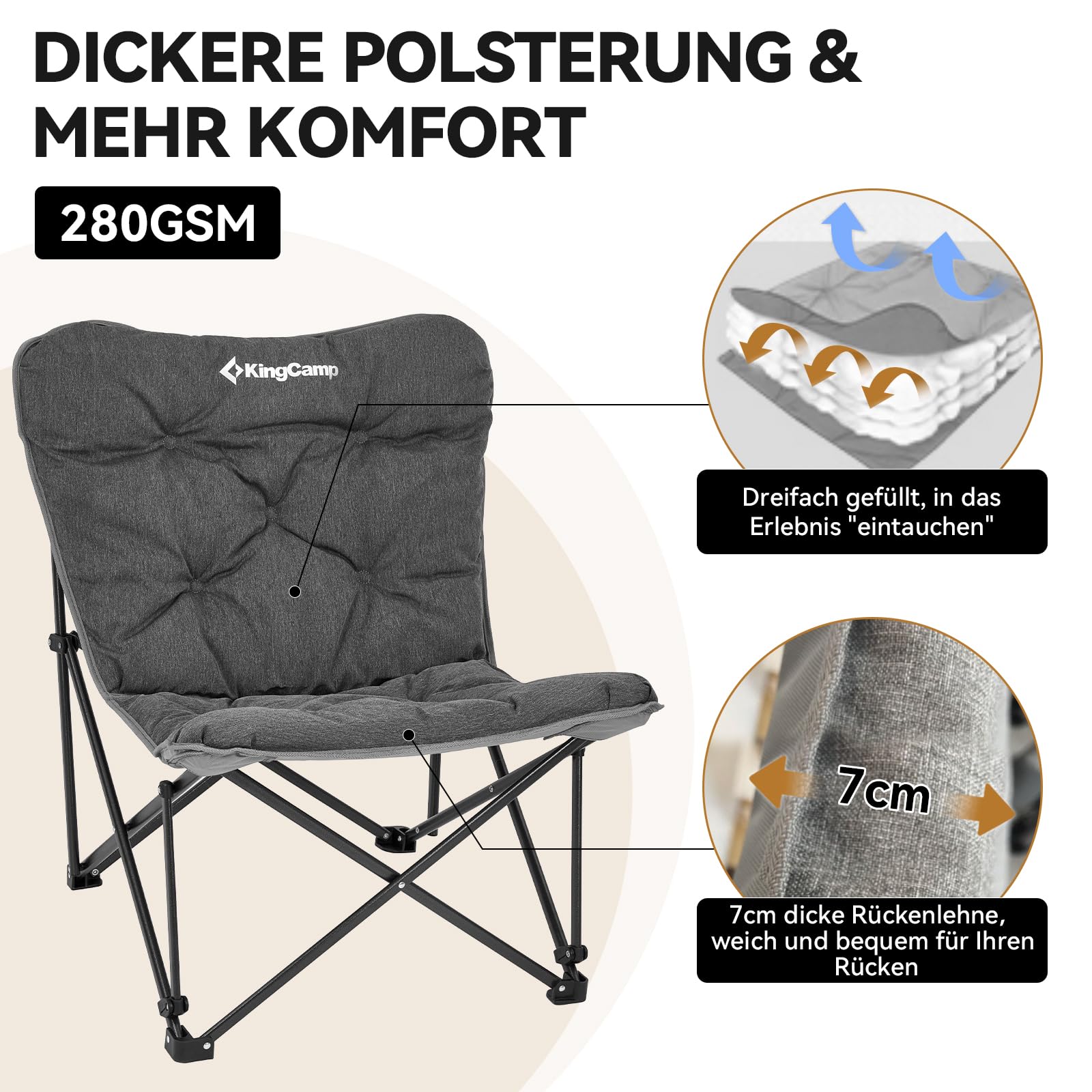 KingCamp Campingstuhl faltbar leicht Camping Stuhl hochlehner Gartenstuhl Größer Campingstuhl Gepolster, Campingstuhl XXL mit Tasche Relaxsessel für Camp Garten Balkon Strand Outdoor Campingstuhl