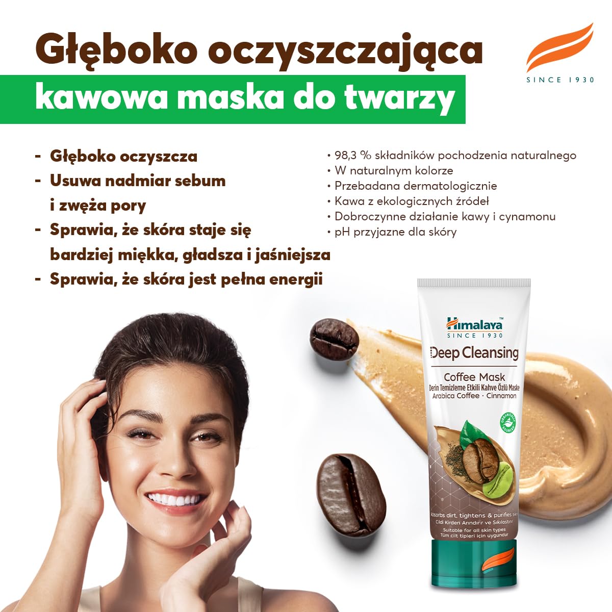 Himalaya Głęboko oczyszczająca maska kawowa z kawą i cynamonem odblokowuje pory, zapewniając bardziej miękką, gładszą i jaśniejszą skórę, 75ml