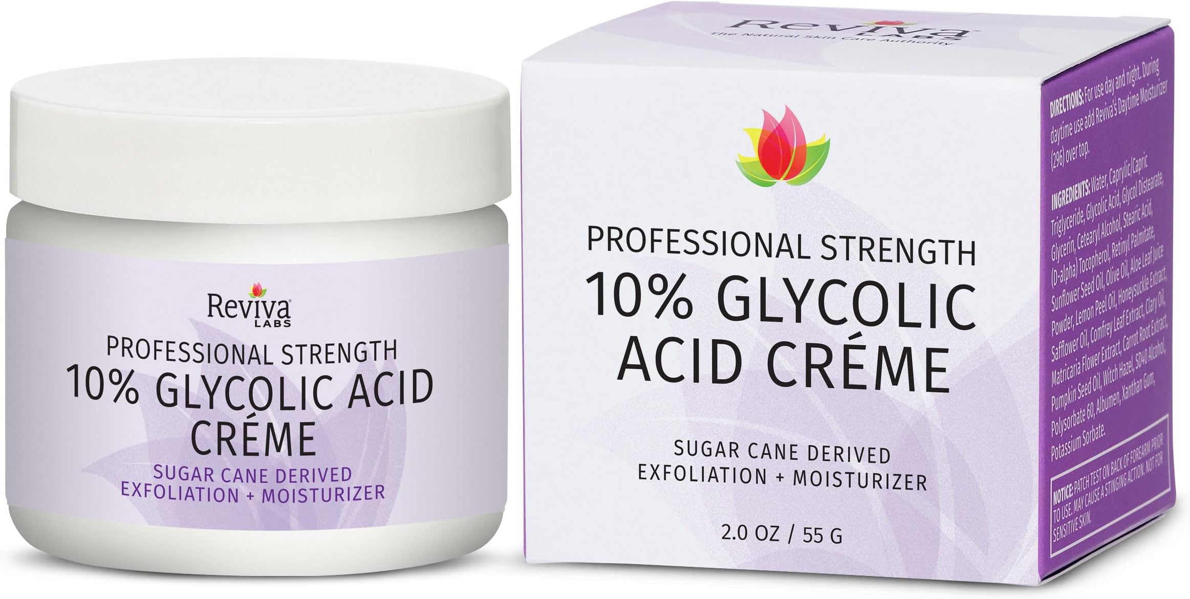 Reviva Labs 10% Glycolic Acid Creme Daily Moisturizer and Mild Exfoliant - Natural Sugar Cane Derived Alpha Hydroxy Acid Face Cream, Acido Glicolico Crema