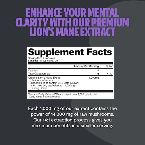 Miniatura 4 de Cápsulas de suplemento de melena de leones de 14,000 mg  Suplemento de hongo de melena de león, extracto de melena de león nootrópico de alta