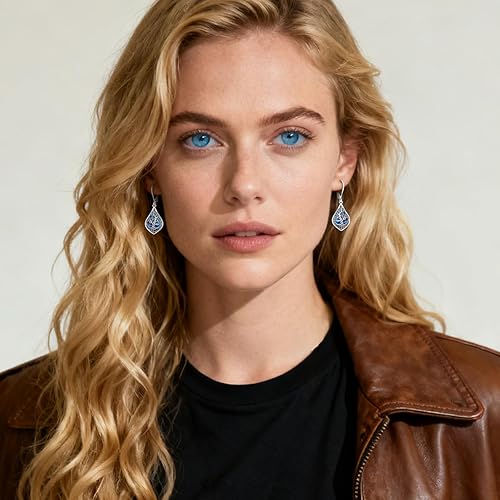 Vista 7 de Eusense Aretes colgantes de plata de ley para mujer, árbol de la vida, animales, piedra lunar, turquesa, aretes de palanca