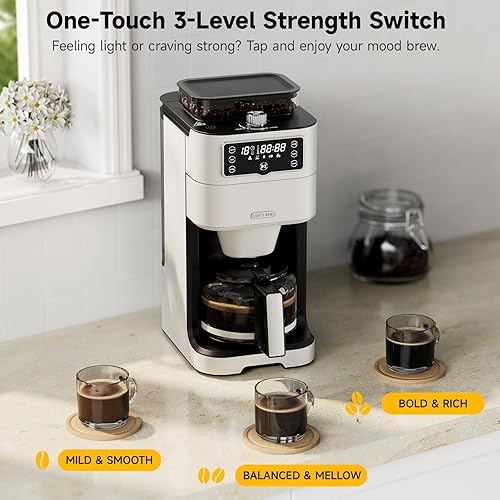 Miniatura 5 de Cafetera de goteo con molinillo integrado, cafetera de 10 tazas con temporizador de retardo de 24 horas, pantalla táctil, autolimpieza, filtro