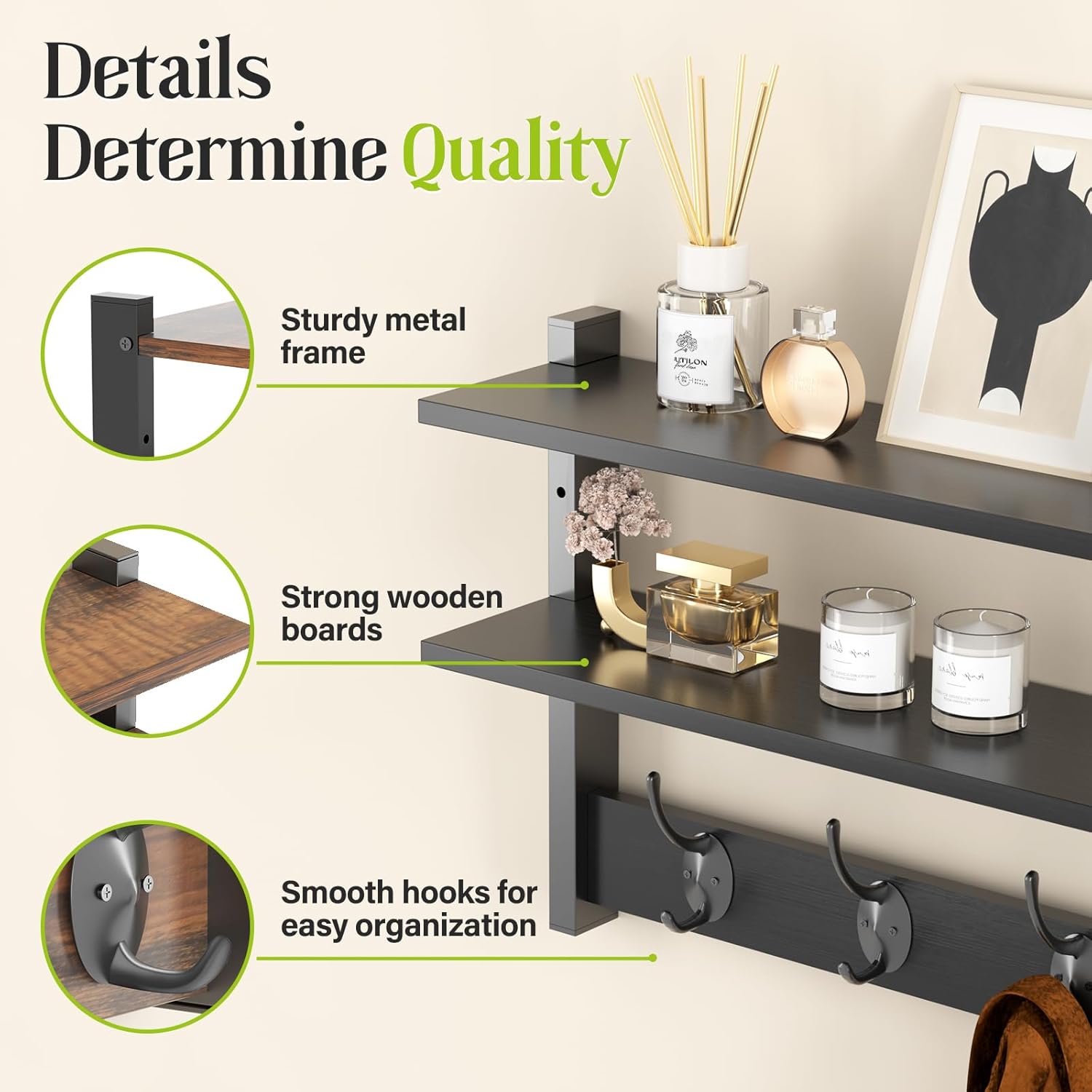 2 Tier Coat Rack Wall Mount with Shelf, 33" Wall Shelf with Hooks, Entryway Key Holder for Wall with 8 Heavy Duty Double Hooks, Coat Hook Wall Mounted for Bedroom, Living Room, Black