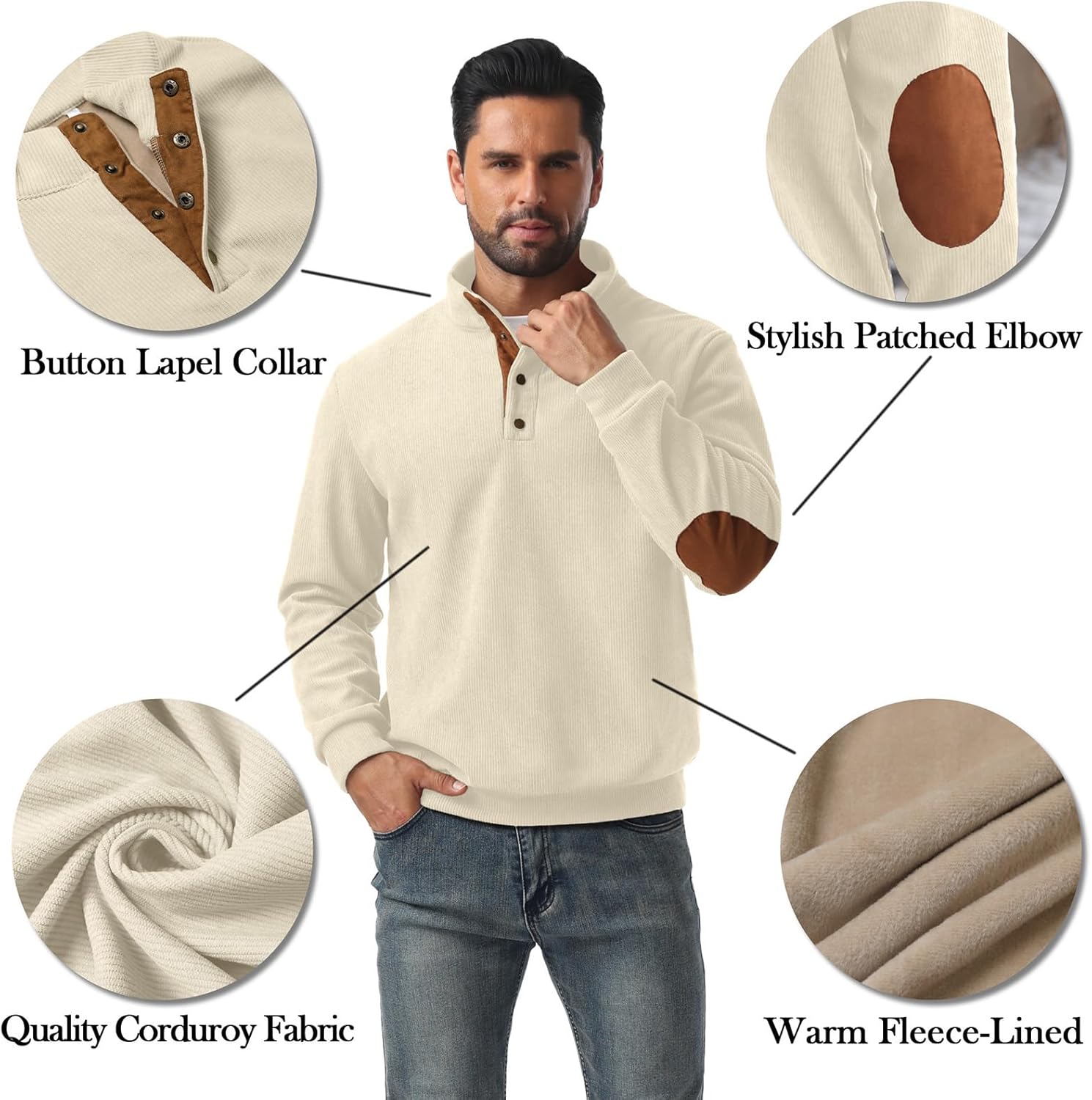 Askdeer Mens Sweatshirts Heavyweight Fleece Corduroy Casual Stand Collar Sweatshirt Mock Neck 1/4 Button Pullover Sweaters - Image 4