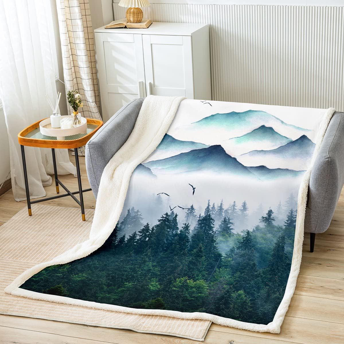 Smoky Mountain Sherpa Coperta in pile naturale per bambini, ragazzi, ragazze, nebbioso, coperta in microfibra sfocata coperta per divano letto, regina, 200 x 90 cm