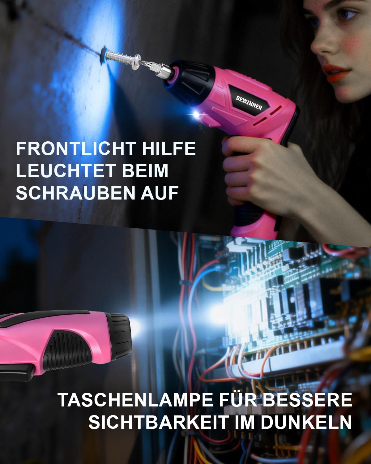 DEWINNER Destornillador Eléctrico Rosa 3N.m 1300mAh – Kit Taladro Destornillador Inalámbrico Recargable con Luz LED, Cable USB – Ideal para Bricolaje, Montaje de Muebles y Reparaciones Domésticas