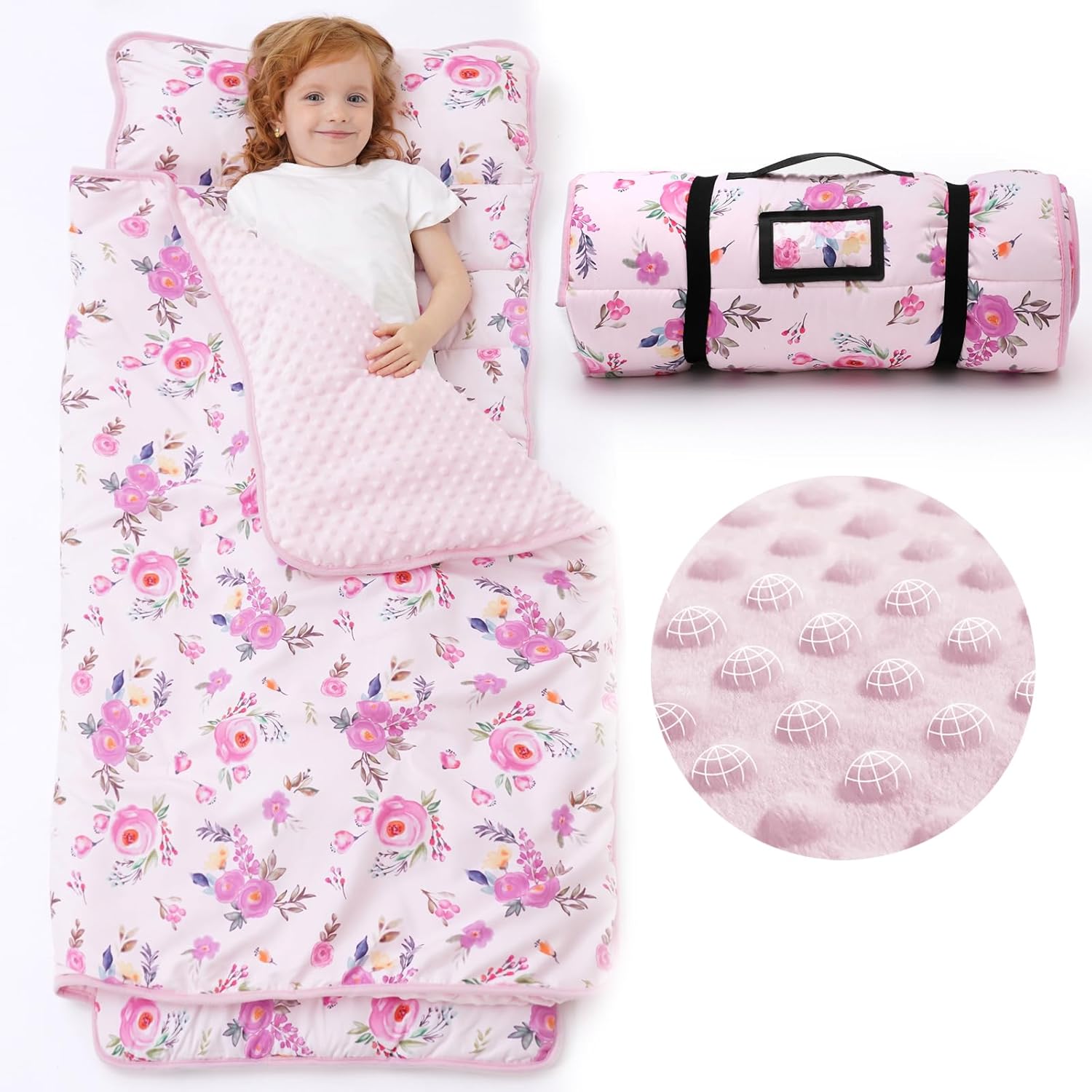 ACRABROS Toddler Nap Mat with Pillow and Blanket, Extra Large Rolled Napping Mats,Slumber Bags for Boys Girls,Kids Sleeping Bag for Daycare, Preschool Travel Camping,Pink Floral