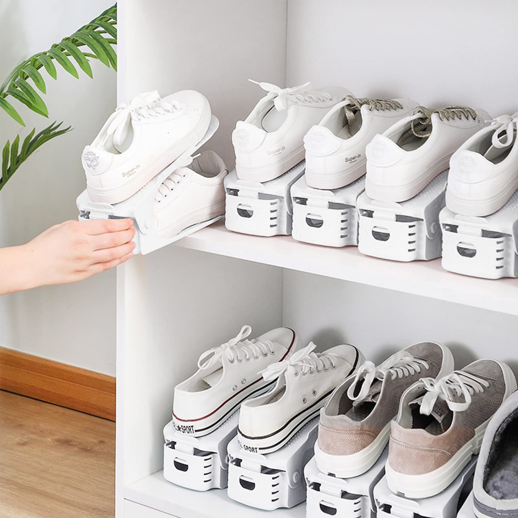 Froadp Set di 60 organizer per scarpe regolabili in materiale PP, antiscivolo, con 3 altezze regolabili, a doppio strato, salvaspazio, colore bianco