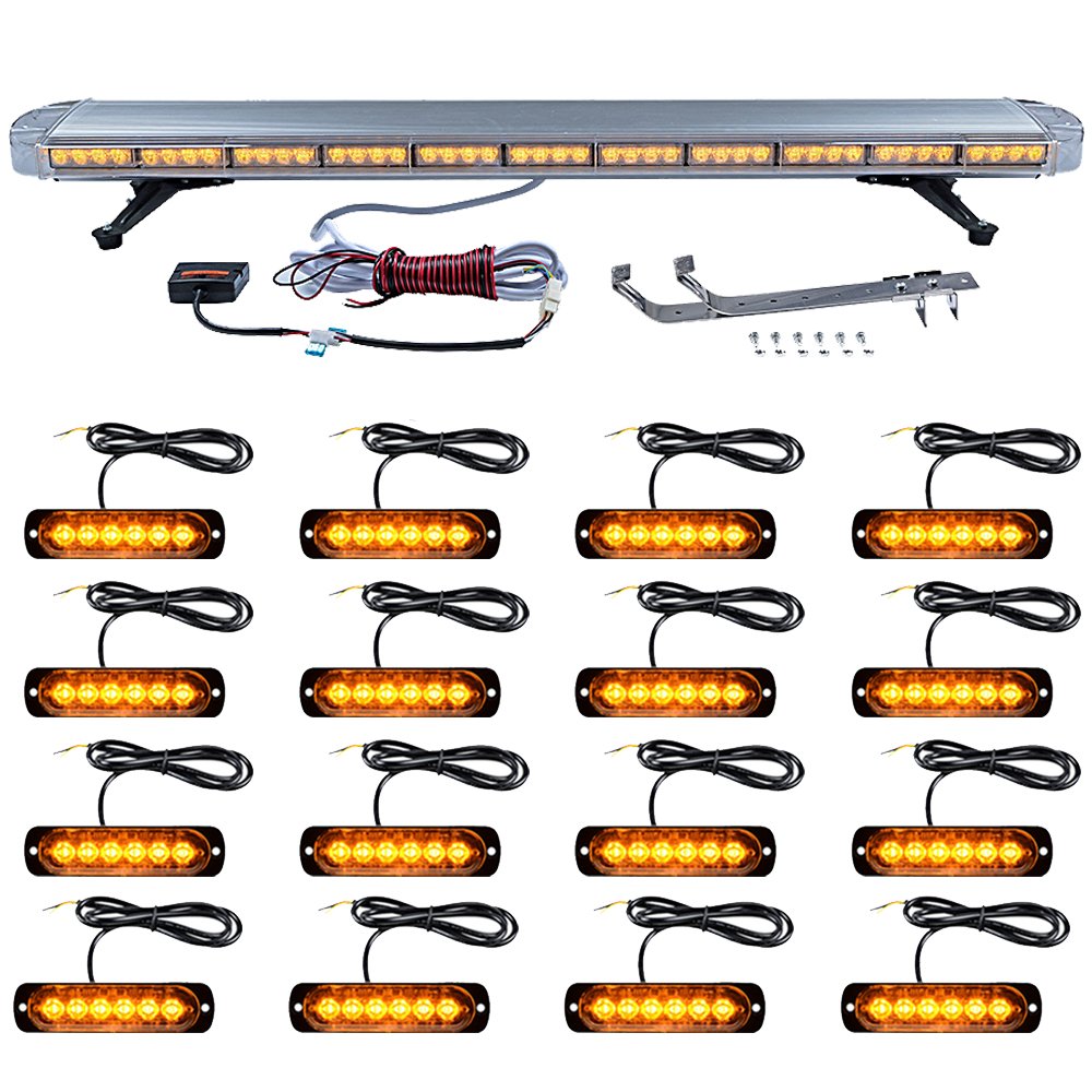 Astra Depot 51 inch Amber 96 LED Emergency Warning Beacon Strobe Light Bar + 16pcs Super Slim Brighter 6-LED Hazard Flashing Grille Light Bar Car Tow Truck Response Plow