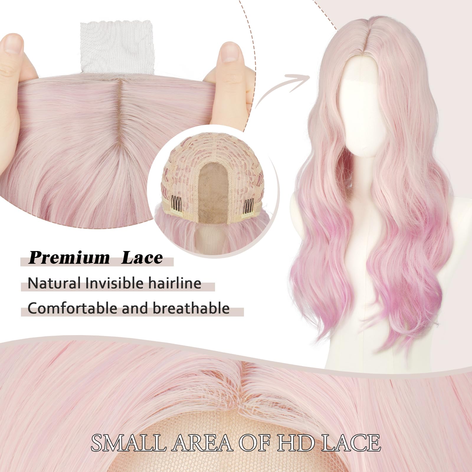 FESHFEN Perücke Pinke für Damen Synthetik Lace Front Gewellt Perücken | 60 cm Lange Wellig Lemonade Rosa Bunte Haarperücke Kunsthaar Natürlich Hitzebeständig Wig für Täglich Karneval Cosplay Party