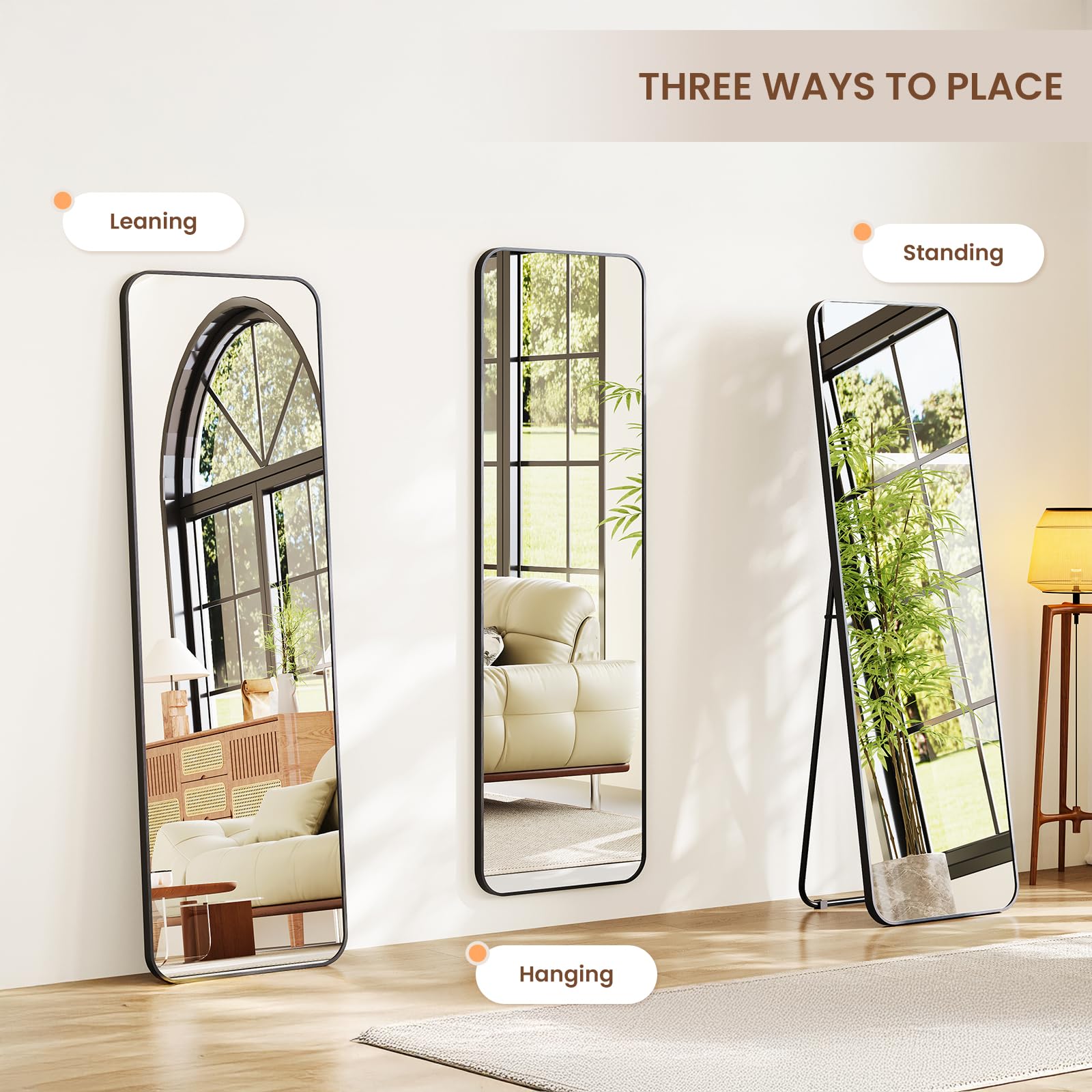Dripex Grand Miroir 150x40cm Coins Arrondis Miroir Pied Suspendu Cadre Alliage Aluminium Noir