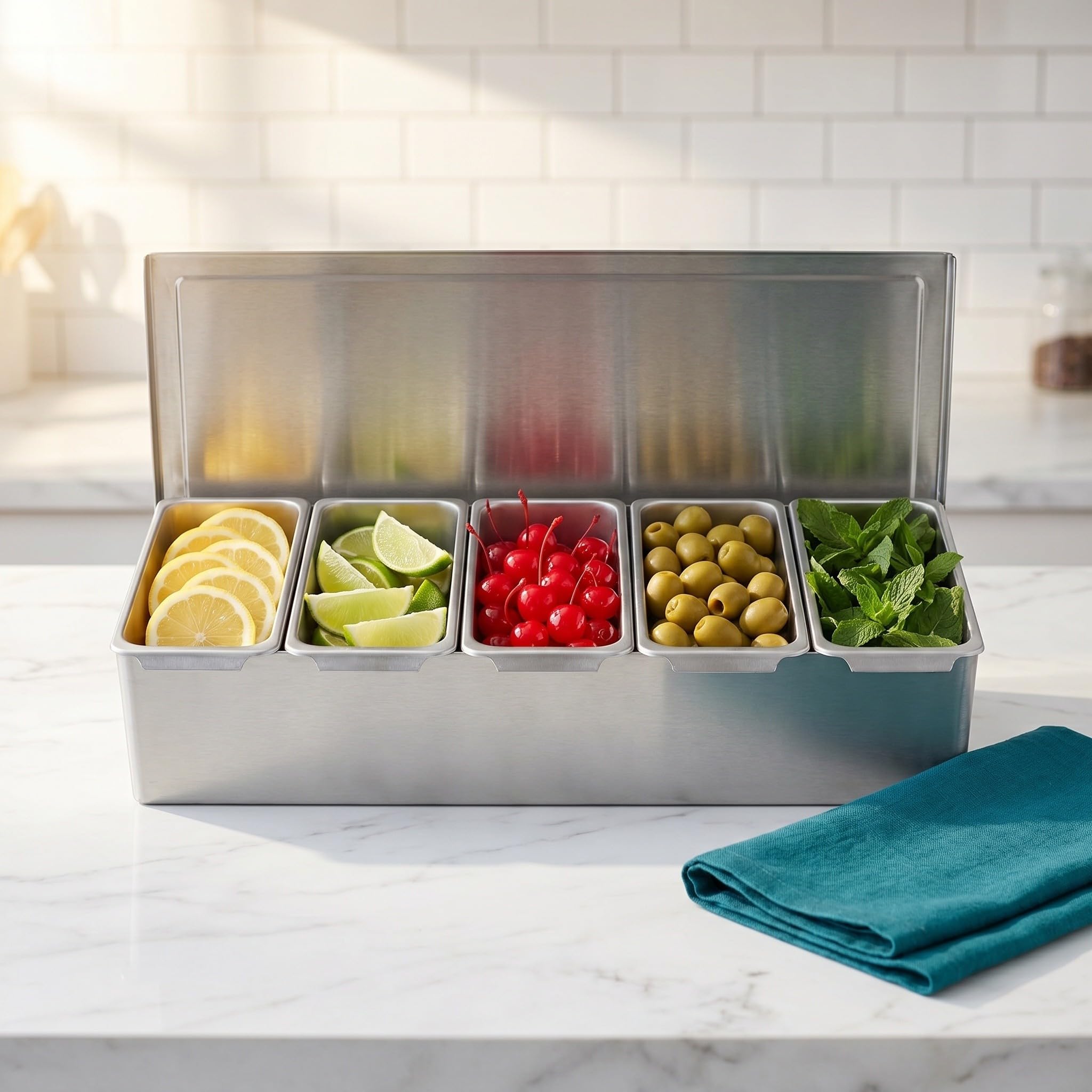 OUNONA 1 Set gekühlte Behälter für Gewürze und Soßen mit Deckel, Gemüse- und Gewürzbehälter - Edelstahl, 5-teiliger Behälter für Toppings, Obst, Eiscreme, Salat