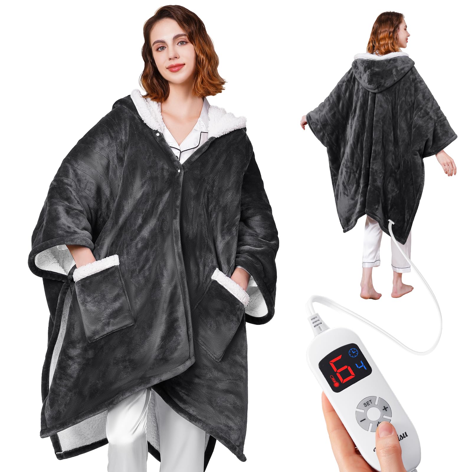 Yokimisu Heated Blanket Throw, Wearable Snug (Grey)