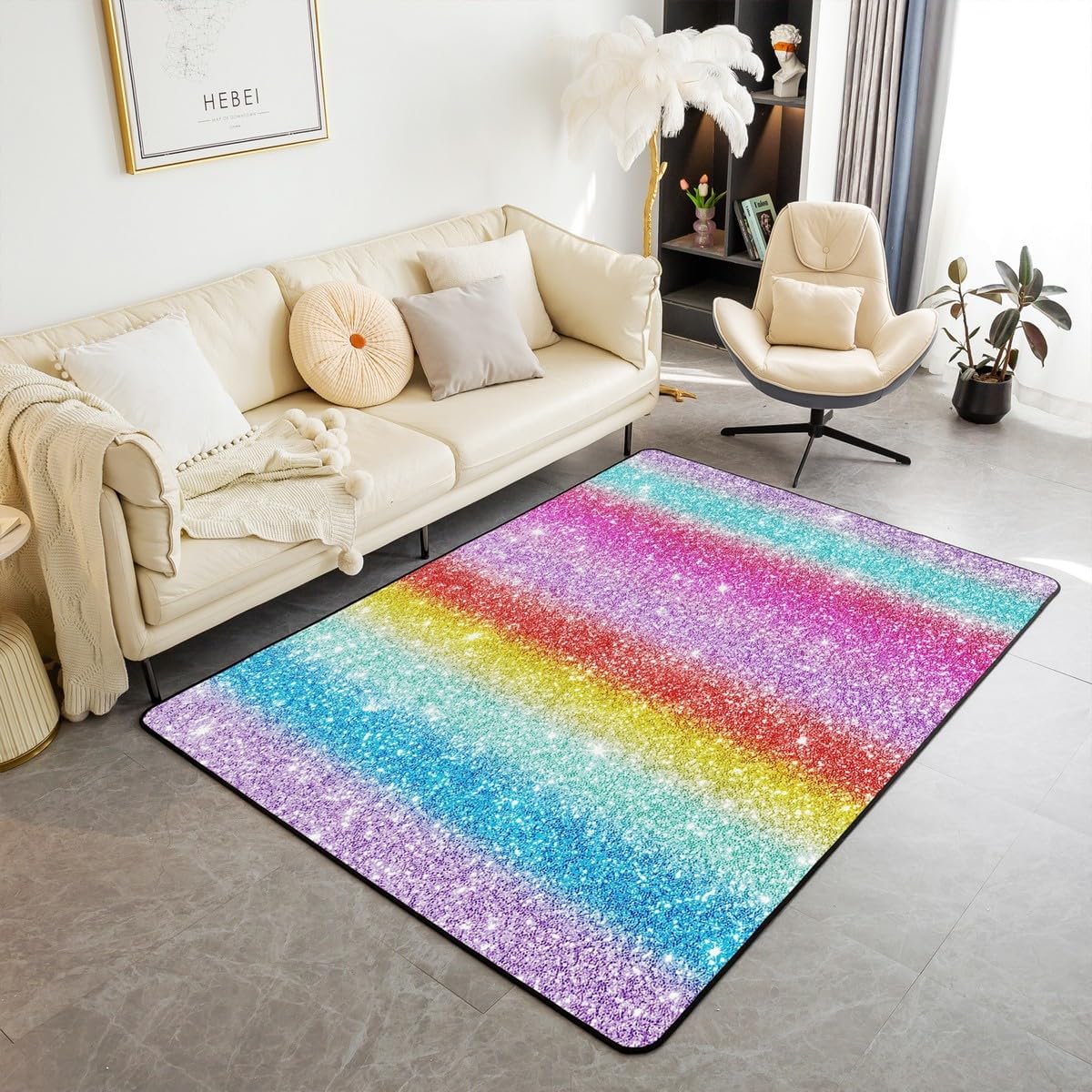jejeloiu Colorful Stripes Area Rug 5x7 Kids Rainbow Decorative Rug for Boys Girls Teens Glitter Living Room Rugs Non-Slip Luxury Geometric Indoor Floor Mat Room Decor Accent Rug（No Glitter