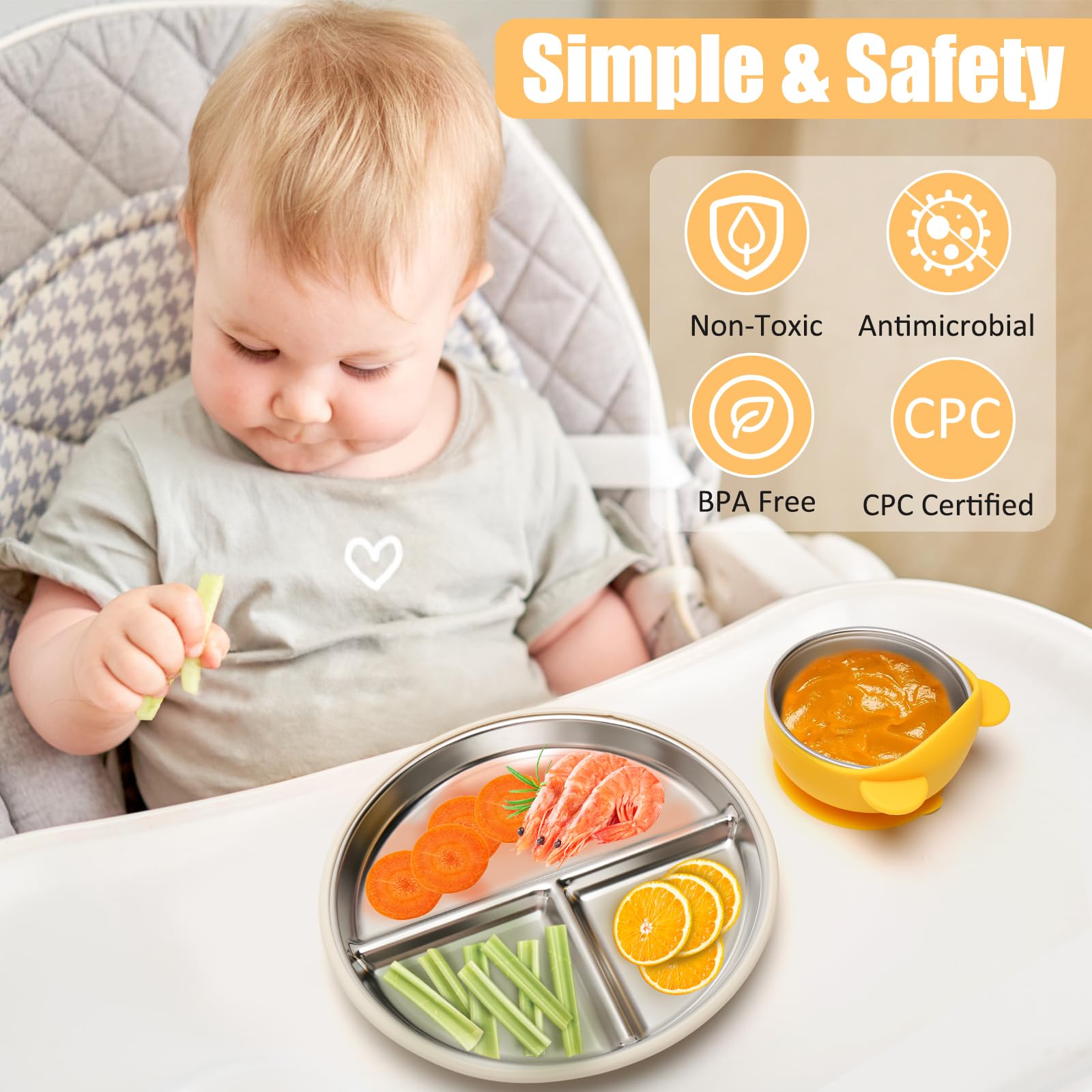 CLDY Ensemble de couverts pour bébé 4 pièces, Assiette pour tout-petits en acier inoxydable avec ventouse-Bol pour enfants, assiette compartiment bebe, Lavable au lave-vaisselle-antidérapant-sans BPA