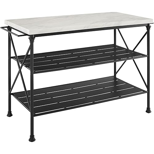 Crosley Furniture Madeleine Kitchen Island with Shelves for Storage, Microwave Stand, Coffee Bar, Steel with Faux Marble Top