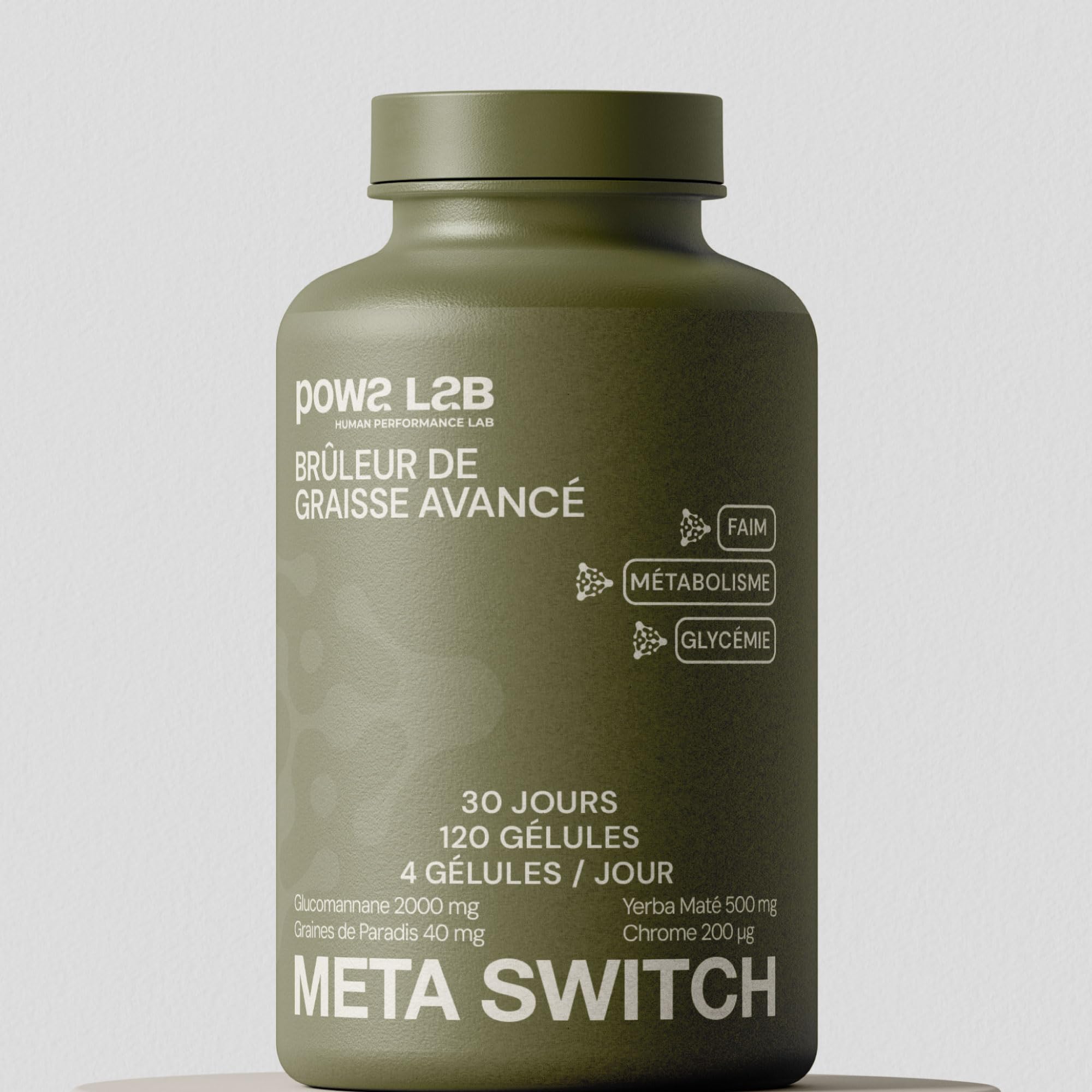 Meta Switch | Brûleur de Graisse Puissant, Coupe Faim & Minceur | Glucomannane de Konjac, Yerba Maté, Chrome | 120 Gélules Vegan, Cure 30 Jours