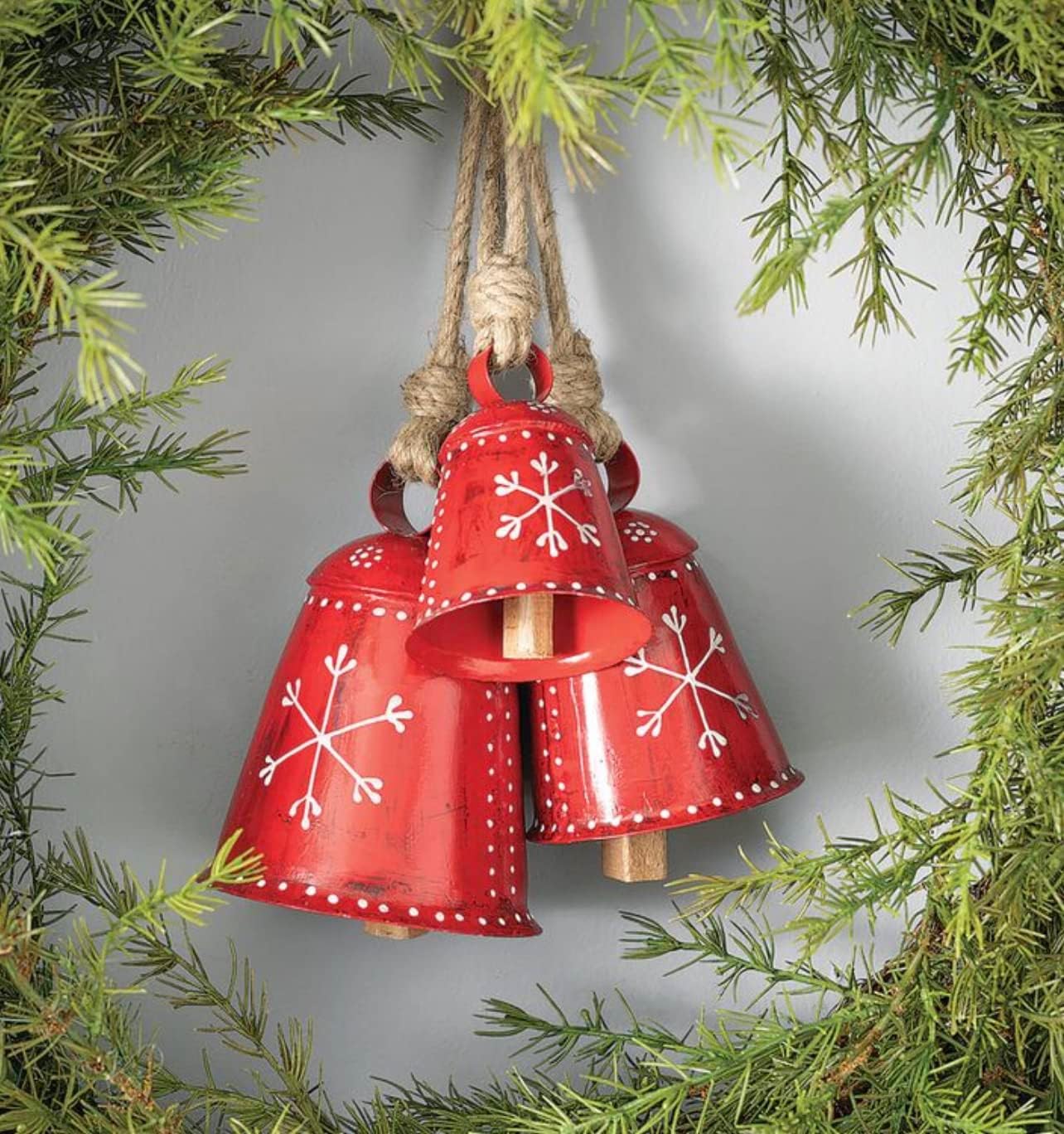 Christmas Bells Rustic Decor Christmas Big Ornaments Handcrafted Hanging Bell Home Decor Bells Set of 3 (Red)