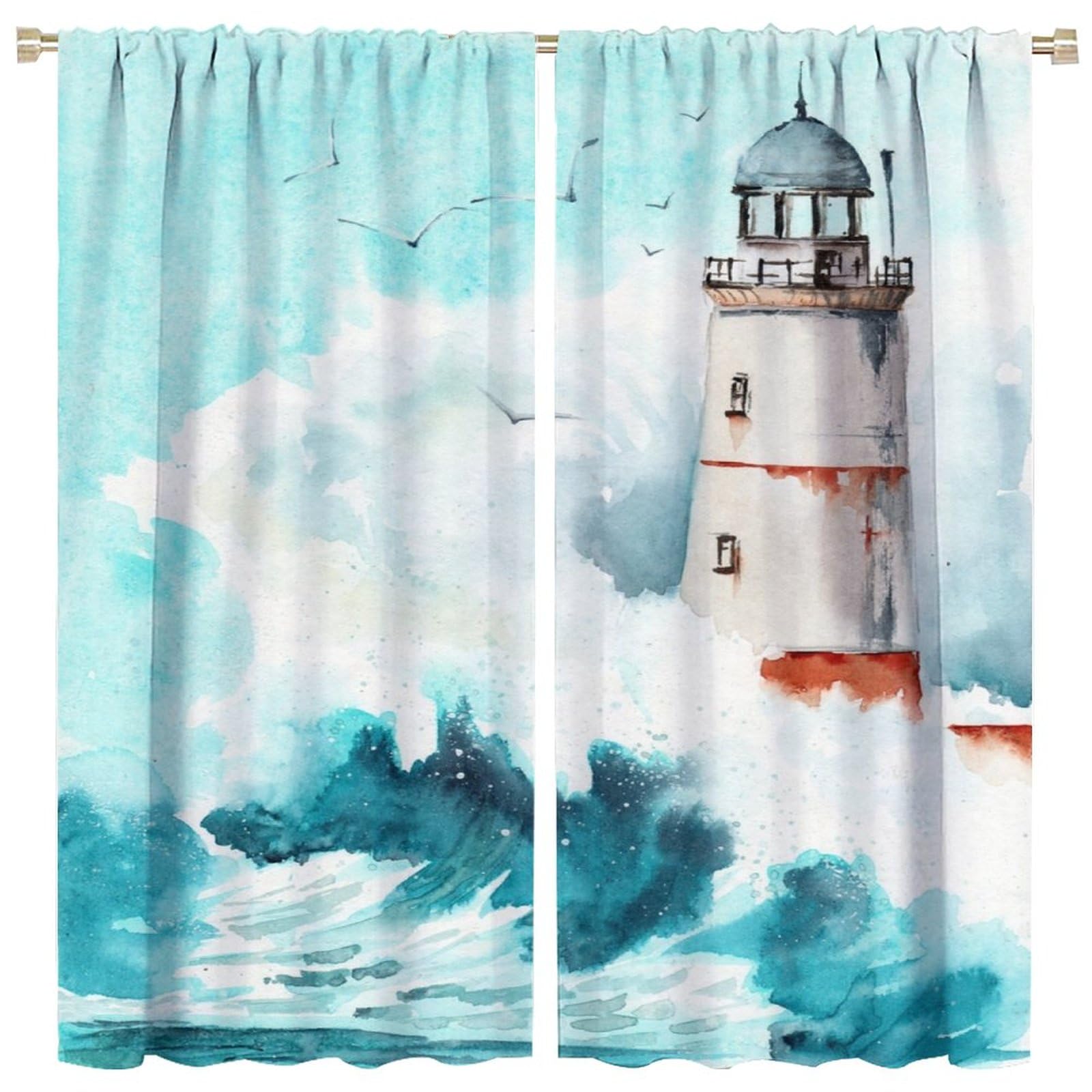 Lighthouse Curtain Watercolor Sea Mew Wave Lighthouse Blackout Print Rod Pocket Window Drapes for Bedroom Living Room 84x84in