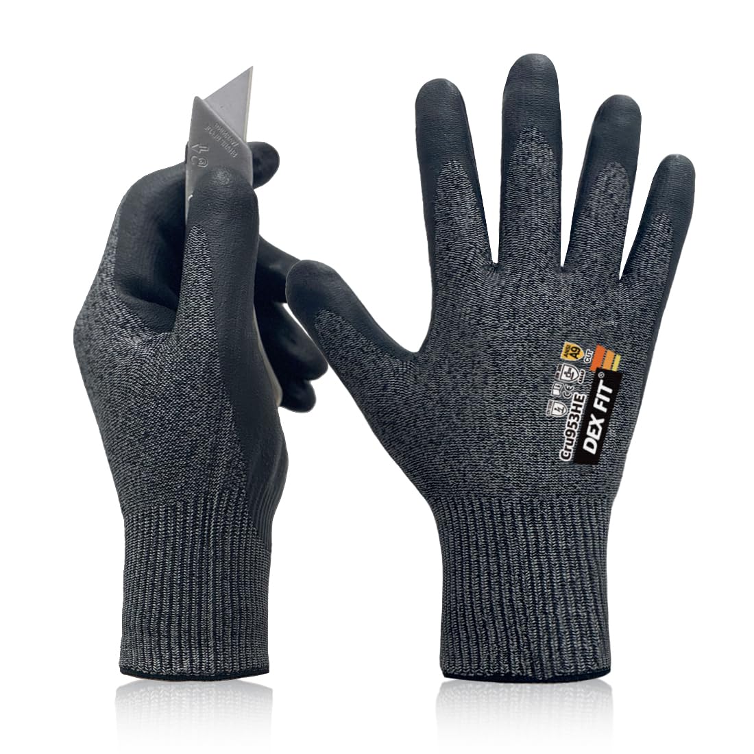DEX FIT Cru953HE A9 Cut Resistant Gloves, ESD Touchscreen, Power Grip for Metal Stamping, Glass & Construction, Black Grey, XL, 1 Pair