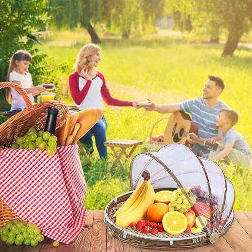 Miniatura 2 de Picnic Mesh Food Covers Carpa, cesta redonda de alimentos cubierta de bambú para servir alimentos cesta tejida a mano con cubierta de malla (11.8 in)