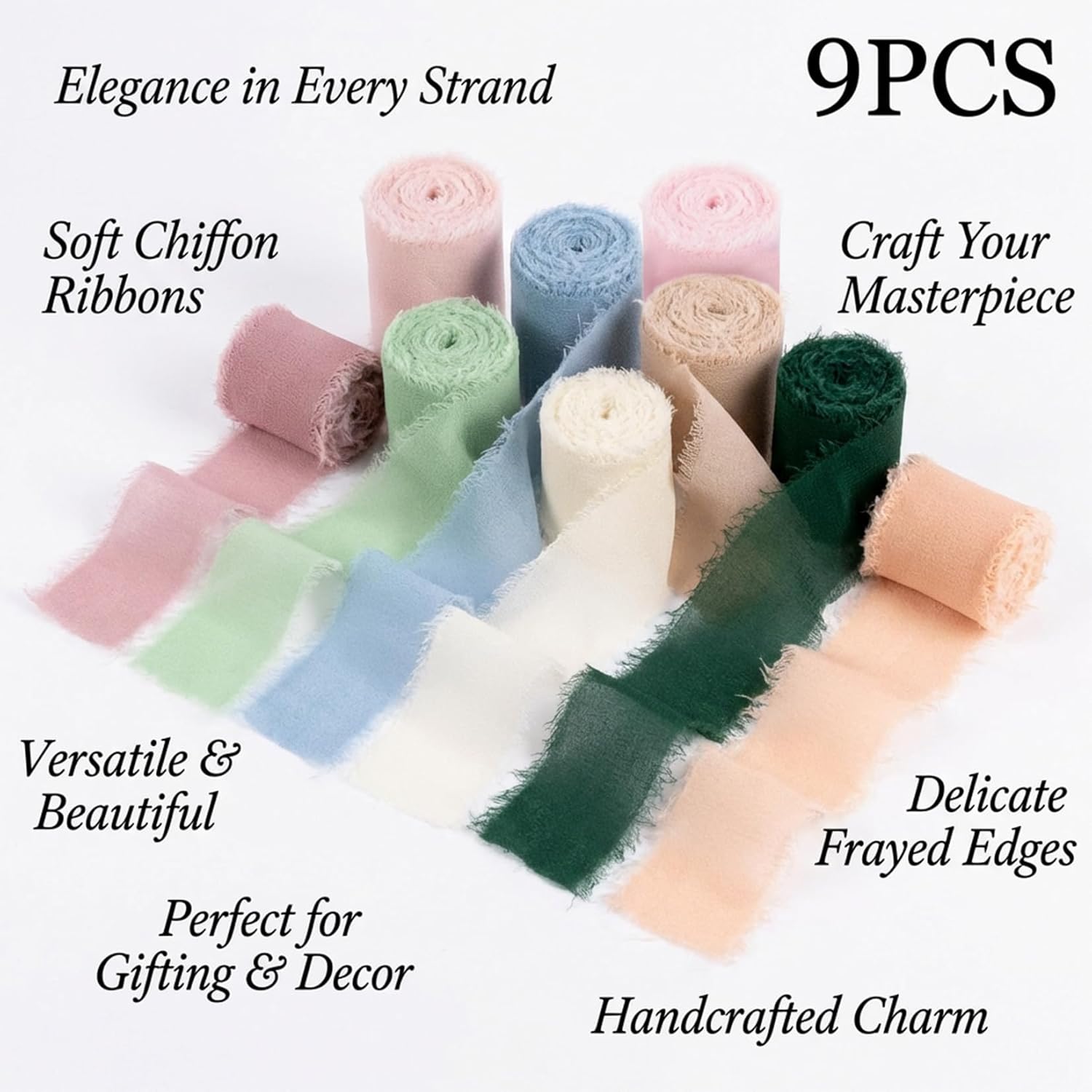 RAINFLOW 9 Rolls Chiffon Ribbon - Ribbon for Flower Bouquet, Gift Ribbon, Wedding Ribbon, Ribbons for Crafts Handmade Fringe Chiffon Silk Ribbon Set, 1.2 Inch Wide Sheer Ribbon for Gift Wrapping