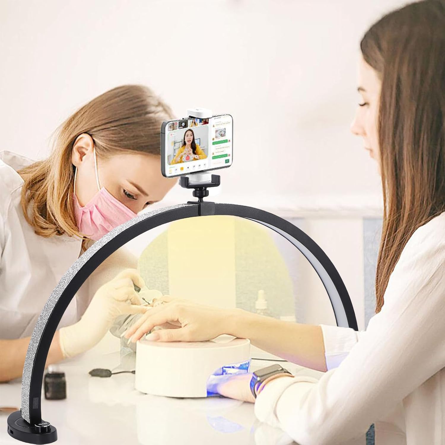 Garosa 28in Nail Desk Lamp 40W Half Moon Light with Phone Holder Adjustable Color Temperature 3200K-5600K 10 Brightness Levels 3 Light Colors for Makeup Spa Salon (US Plug)