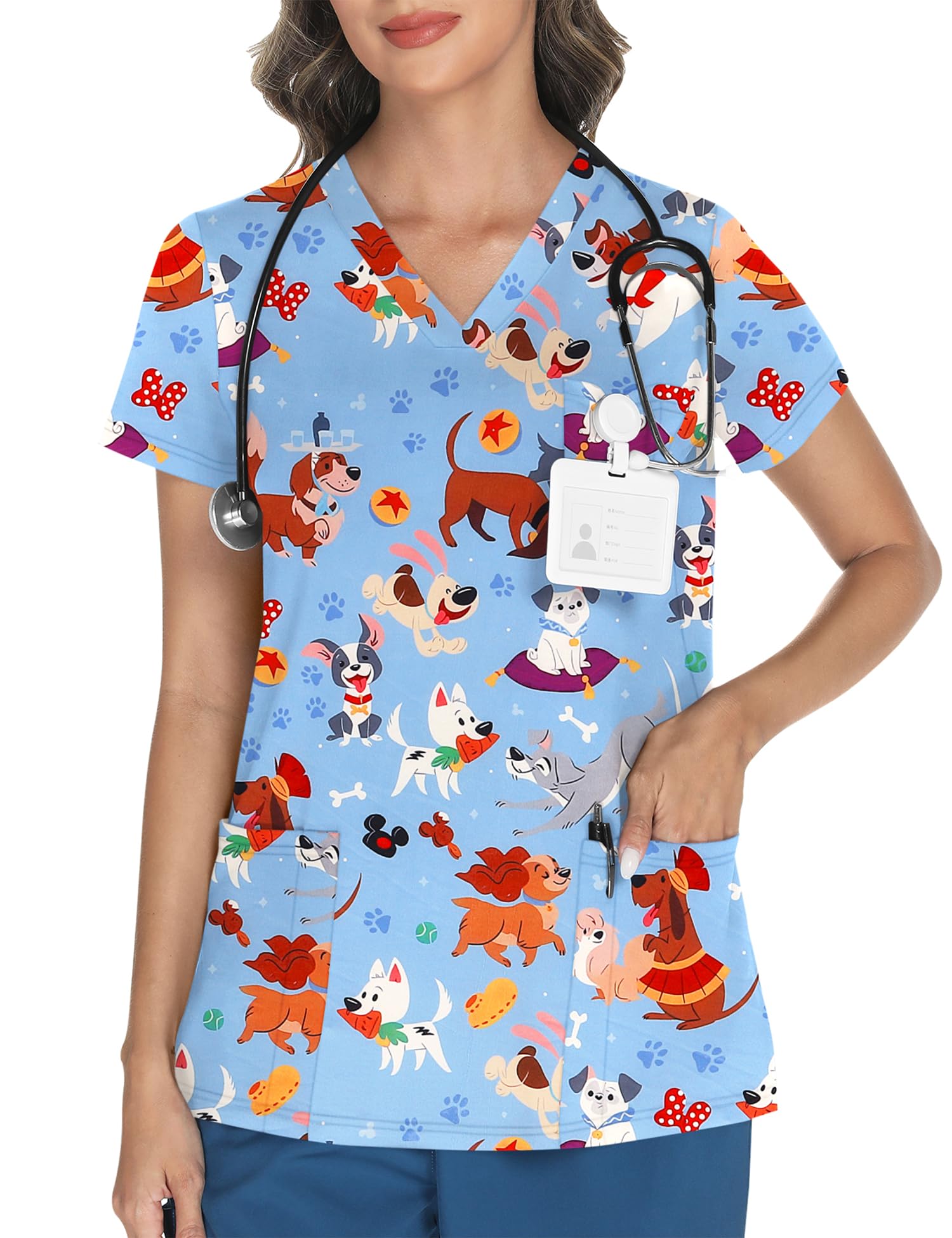 LOMON Womens V Neck Printed Scrub Top with 3 Pockets