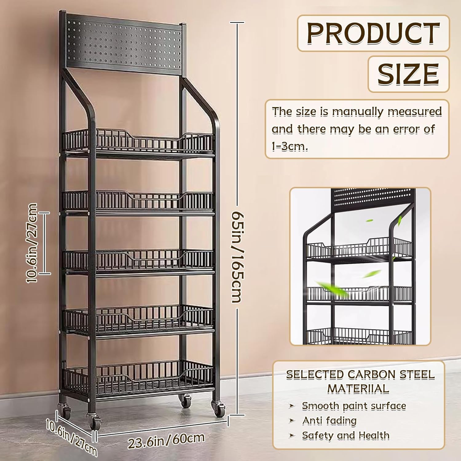 5 Tier Retail Candy Display Rack Metal Storage Shelf with Wheels & 5 Hooks Concession Candy Snack Display Rack Sturdy and Stable Chip Shelf Rack for Stores, Kitchen, Office (Black, 19.7*10.6*65 in)