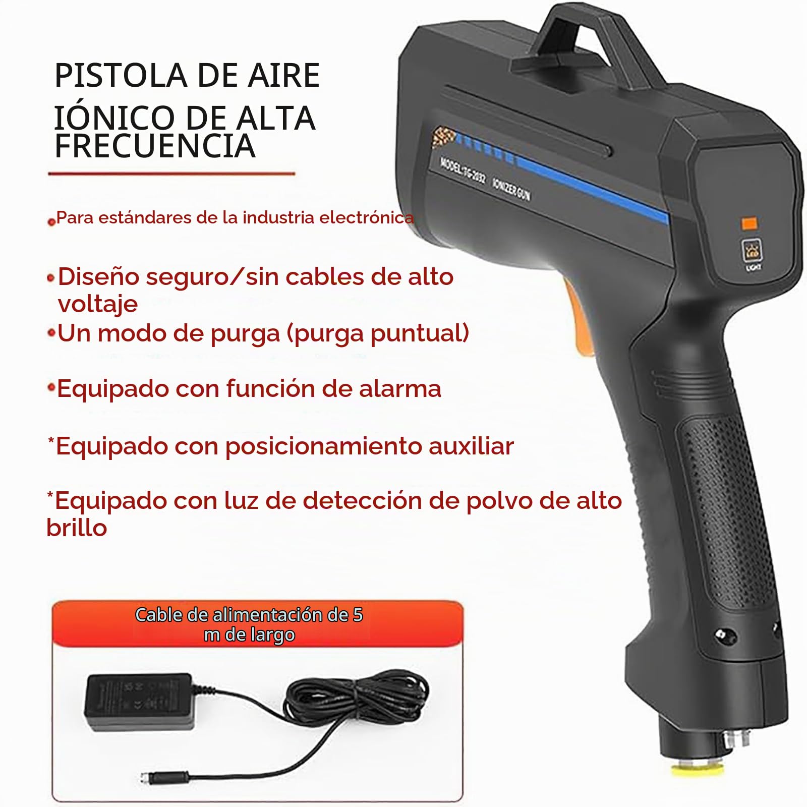 Pistola de Aire ionizante, Pistola antiestática, Equilibrio iónico eliminador de estática, con luz de detección de Polvo, soluciones antiestáticas efectivas y seguras
