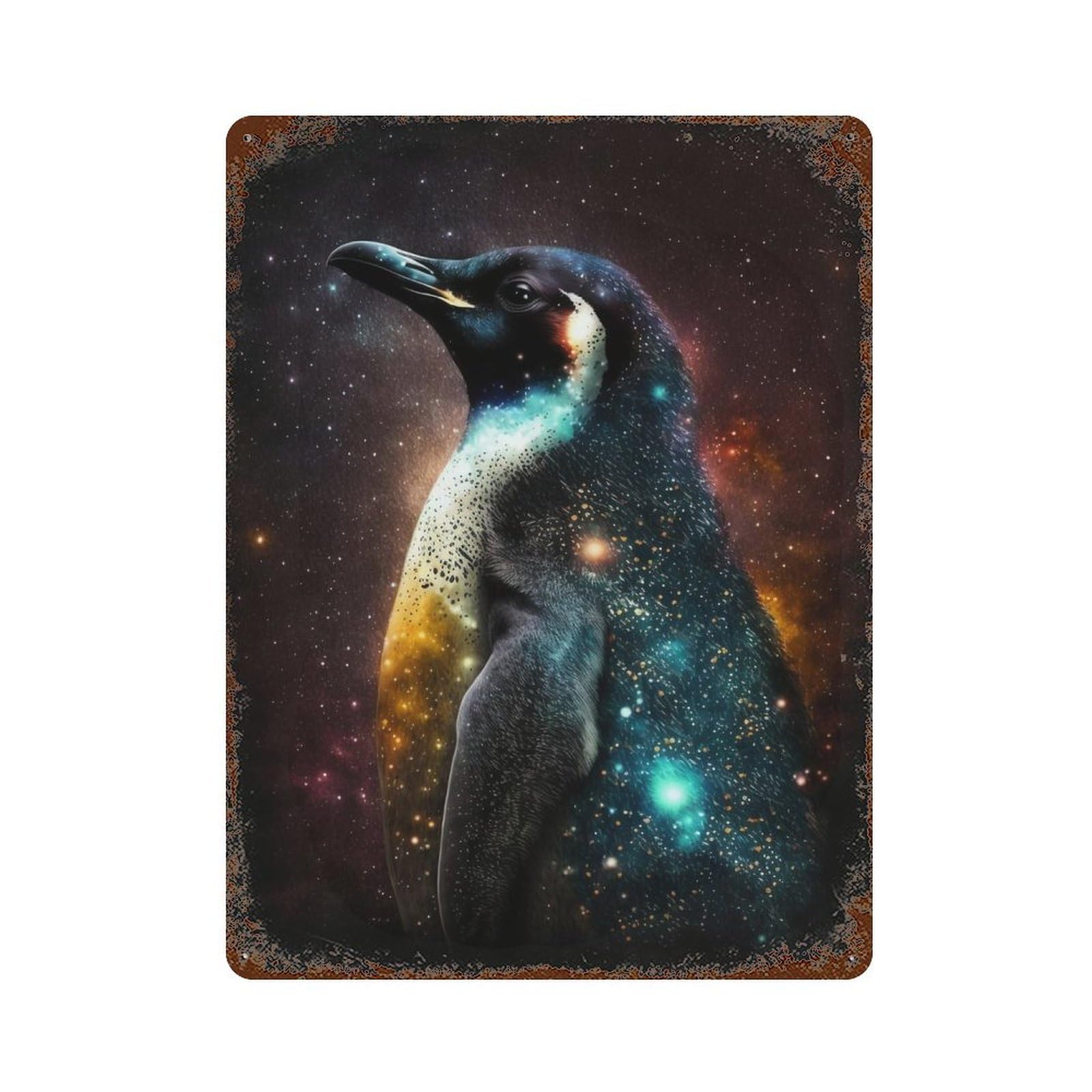 Rusty Metal Tin Sign Cosmic Penguin Art Print-3 15.7"x11.8", Rustic Home Decor for Shed, Workshop And Garage Wall Decor
