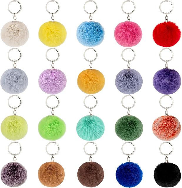 BQTQ 20 Pieces Pom Pom Keychains Rabbit Faux Fur Pom Pom Balls Keychain Fluffy Pom Pom Keyrings for Women Girls Bag Accessories