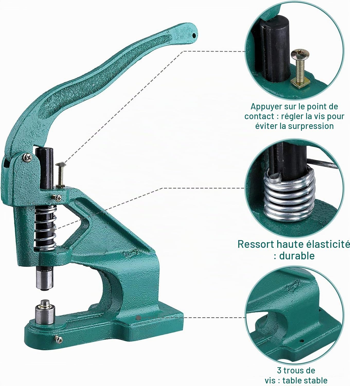Machine Pince à Oeillets Professionnelle Manuelle à Crémaillère avec 3 Matrices et 900pcs Oeillets 6mm/10mm/12mm pour DIY Couturières Enseignes Fabricants