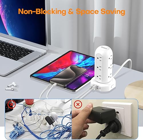 Miniatura 6 de Cable de extensión USB C de 15 pies de largo, torre protectora de sobretensiones, mini regleta de alimentación de viaje de 12 CA 4 USB con puertos