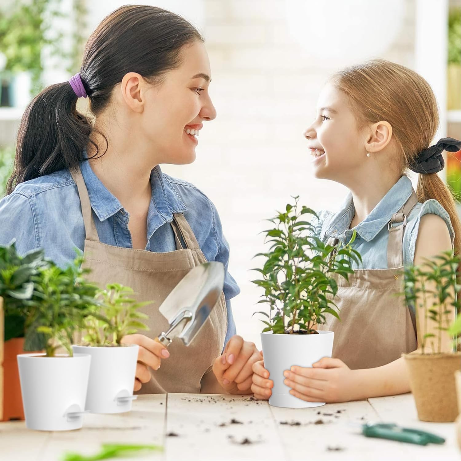 4 inch Self Watering Pots for Indoor Outdoor Plants, 6 Pack Plastic Flower Planters with Drainage Holes and Removable Saucers, Plant Pots with Wicking Rope, Modern Decor, White - Image 3