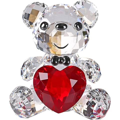 DOJOZ Crystal Teddy Bear Sweet Gifts Figurine Red Heart Lovely Animal Collectible Ornament Birthday (White)
