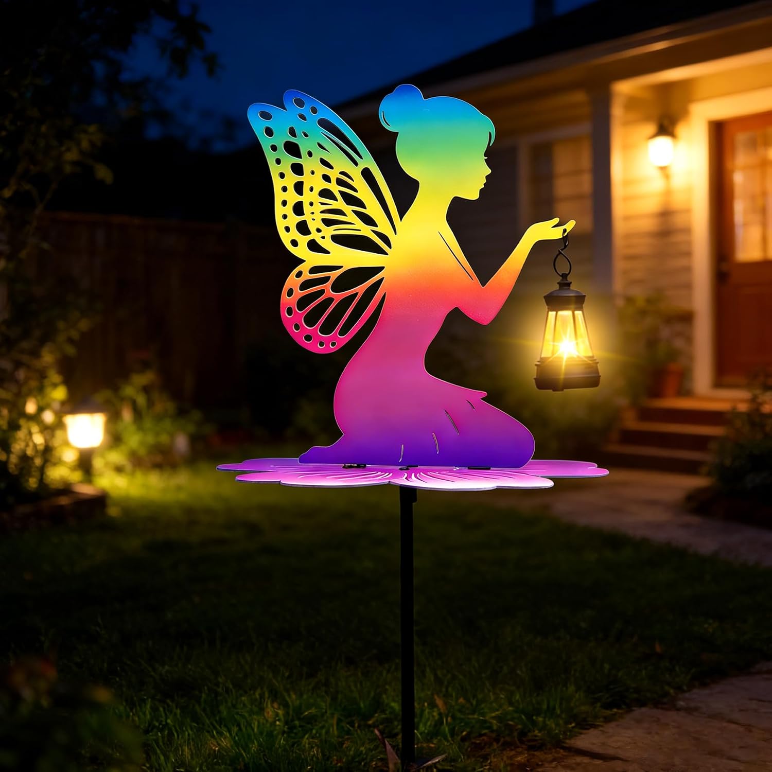 Rainbow Solar Fairy Garden Stake - 21" Iridescent Metal Fairy Silhouette with Warm LED Lantern, Waterproof Outdoor Decorative Light for Path, Yard, Flower Pot - Unique Gardening Gifts for Women/Mom