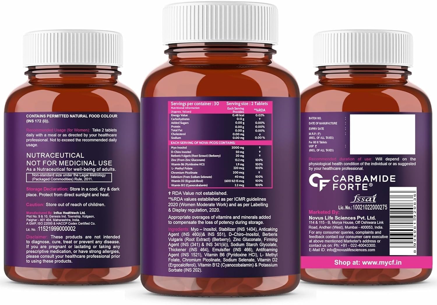 Carbamide Forte PCOS Supplements for Women with 40:1 Ratio of Myo Inositols to D Chiro Inositol | Inositol Supplement for PCOS - 60 Veg Tablets