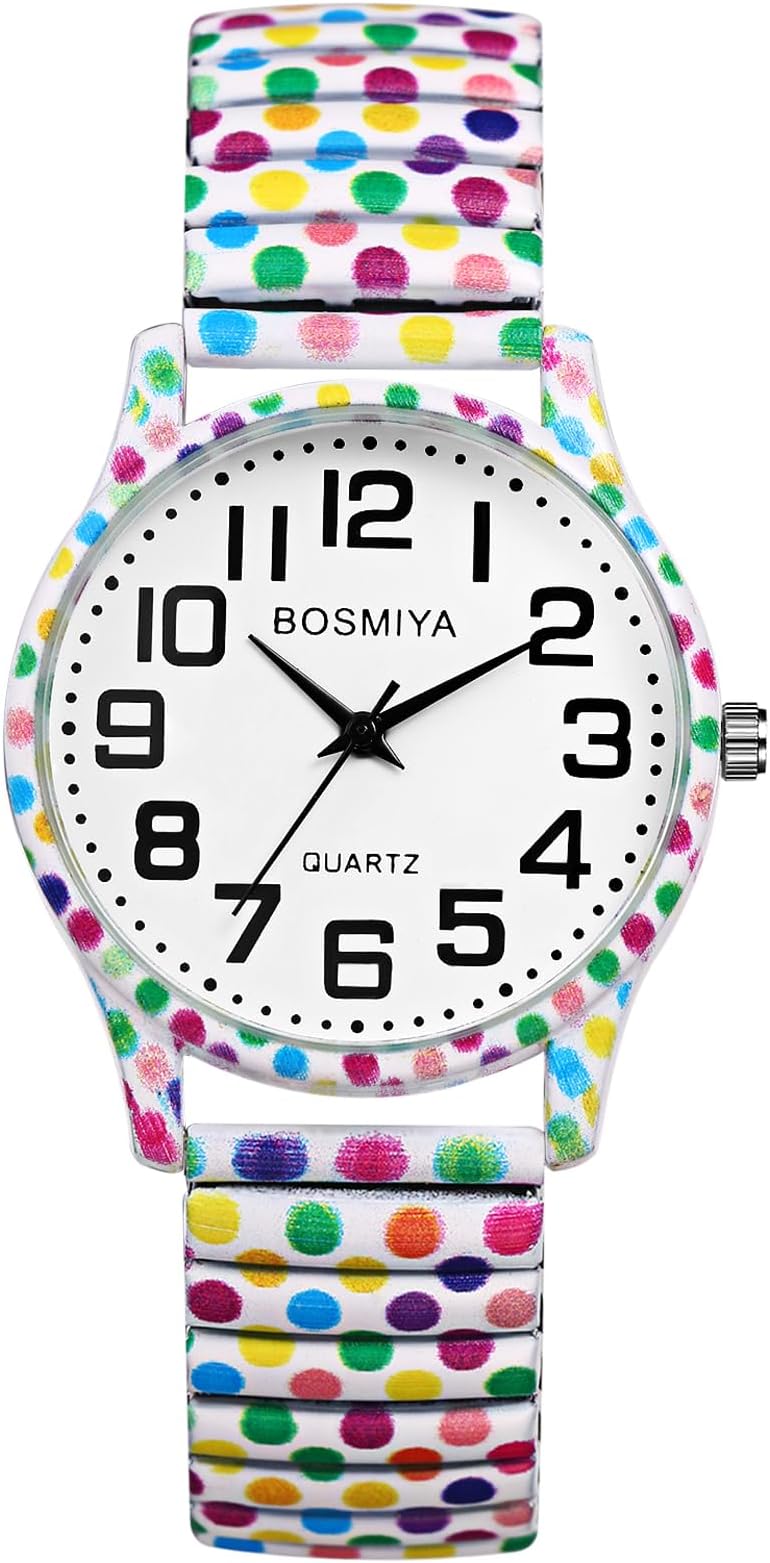 Women's Elastic Wrist Watches: Boho Printed Stretch Strap Big Number Analog Quartz Easy Reader Bracelet Bangle Watch