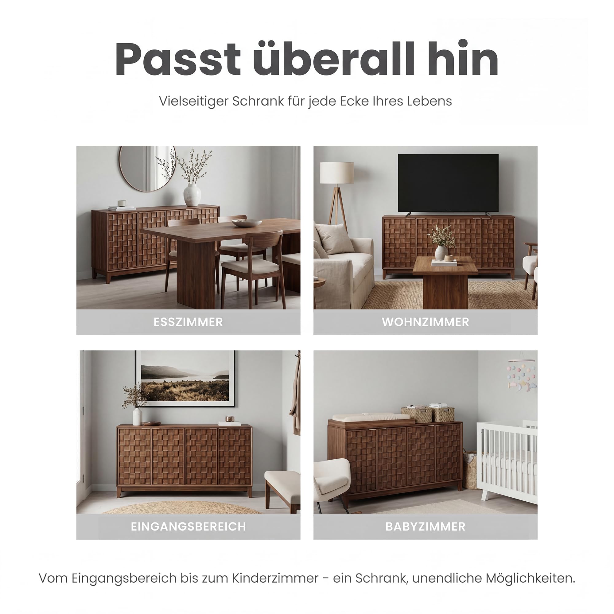 COLAMY Sideboard 150 cm Holz mit Stauraum – Modernes Sideboard für Wohnzimmer, Küchenschrank mit verstellbaren Einlegeböden, Buffet Schrank mit 3D Holzfront, Walnut