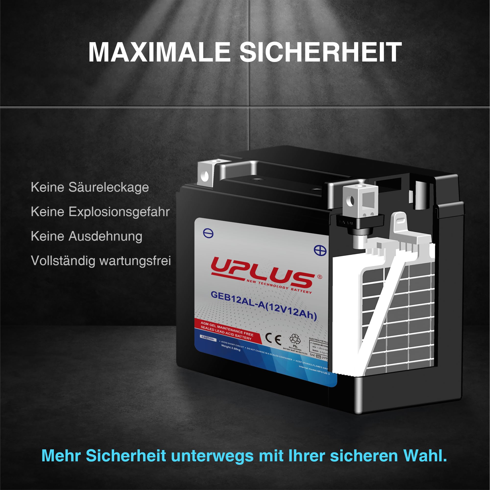 UPLUS GEB12AL-A GEL Motorradbatterie 12V 230A 12Ah Rollerbatterie wartungsfrei Ersatz für YB12AL-A 134L×81B×160H mm