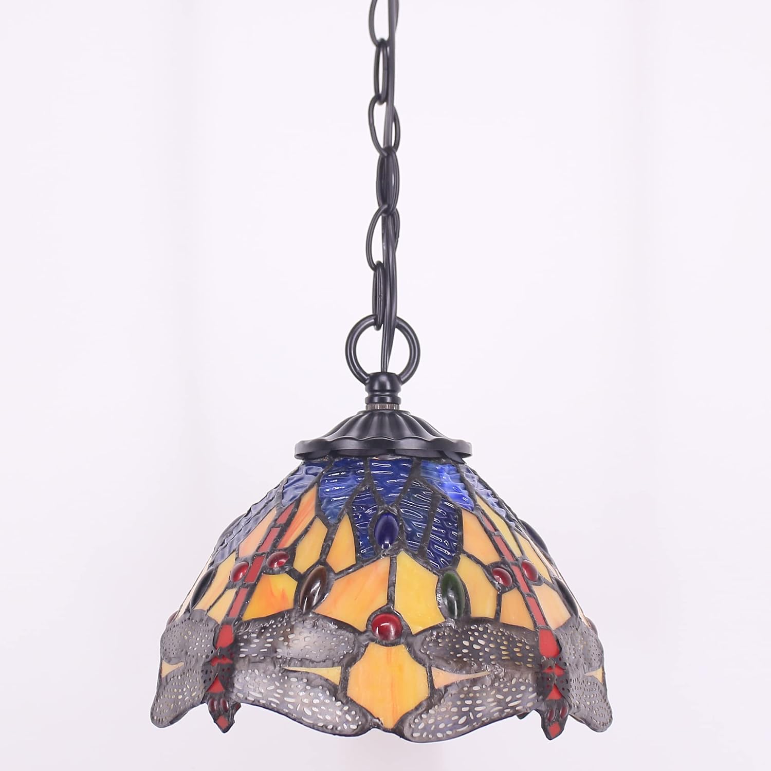 Small Tiffany Pendant Light 8 inch Tiffany Style Stained Glass Pendant Hanging Lamp Small Vintage Hanging Light Fixtures for Home Living Room Restaurant Hallway (Yellow Dragonfly Style)