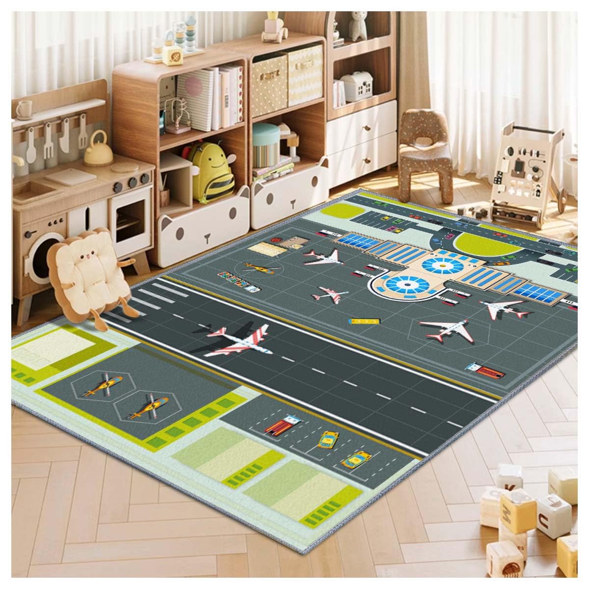 Kids Rug,Children's Room Rug, Fun Airport Kids Play Mat,Aerodrome Traffic System Playmat Carpet, Rail City Living Carpet, Washable Non-Slip Children's