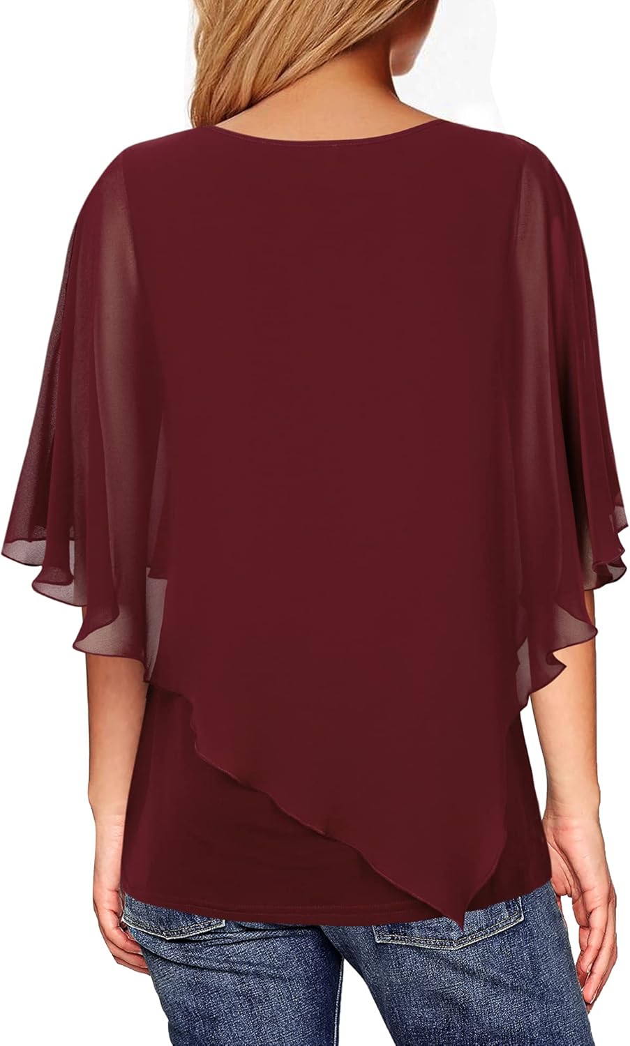Lotusmile Women's Lightweight Flowy Shirt Double-Layered Printed Chiffon Poncho Blouse Top at  Women’s Clothing store