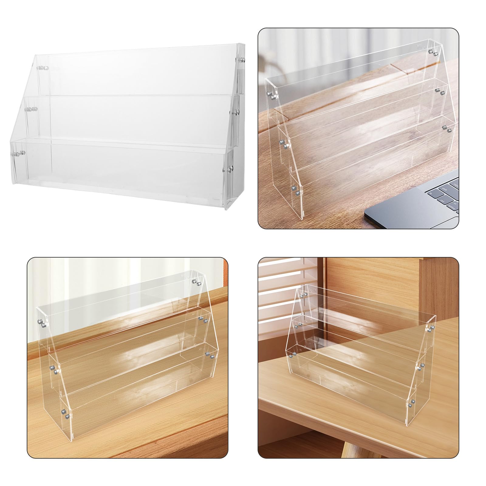 Présentoir à Cartes Postales en Acrylique Rigide Transparent, Support de Rangement Bureau 3 Niveaux, Porte-Badges et Stickers pour Organisation Bureau