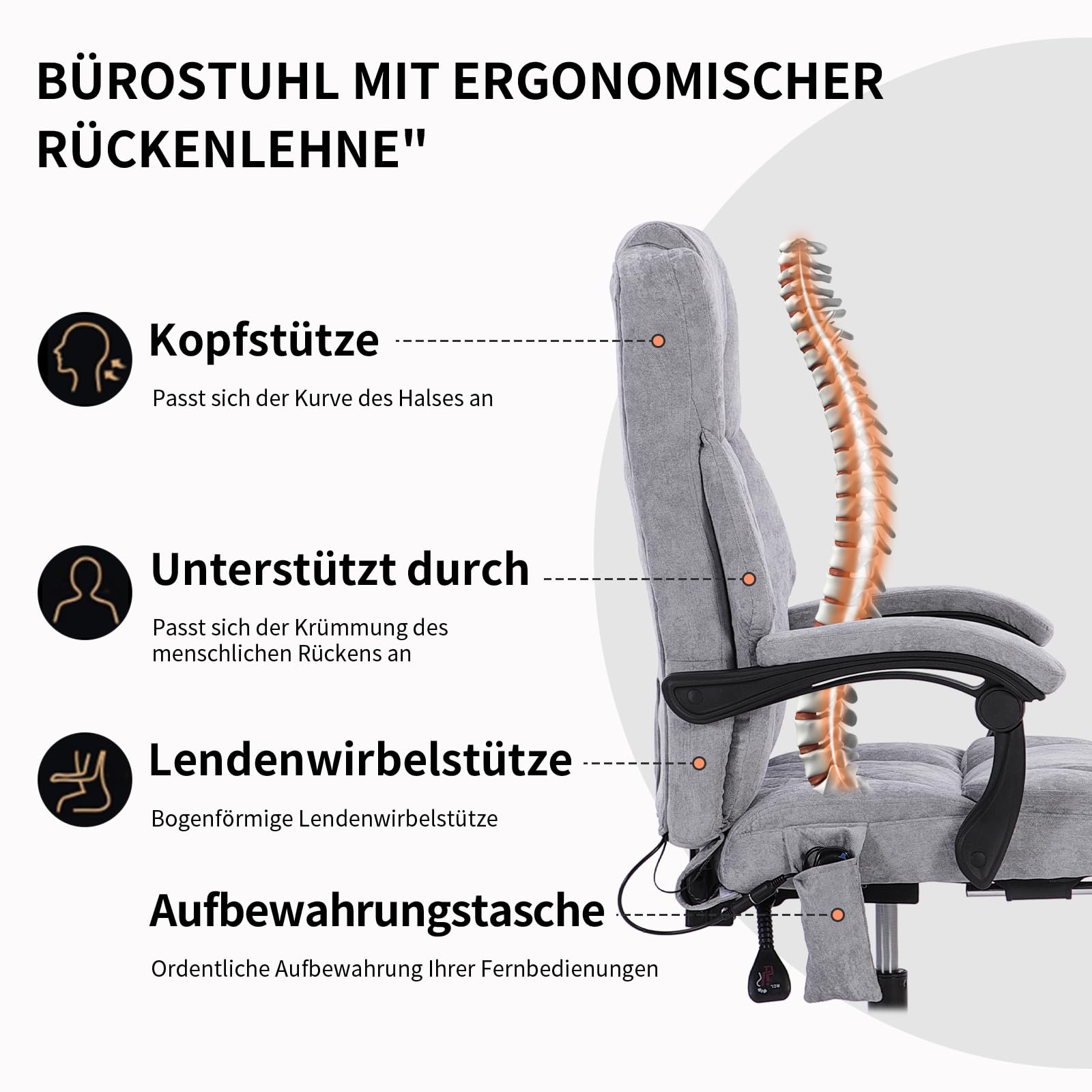 bürostuhl ergonomisch,Massage und Wärmesessel Stuhl, drehstuhl mit fußstütze, möbel für arbeitszimmer, pc Stuhl, chefsessel, Stoff (grau)